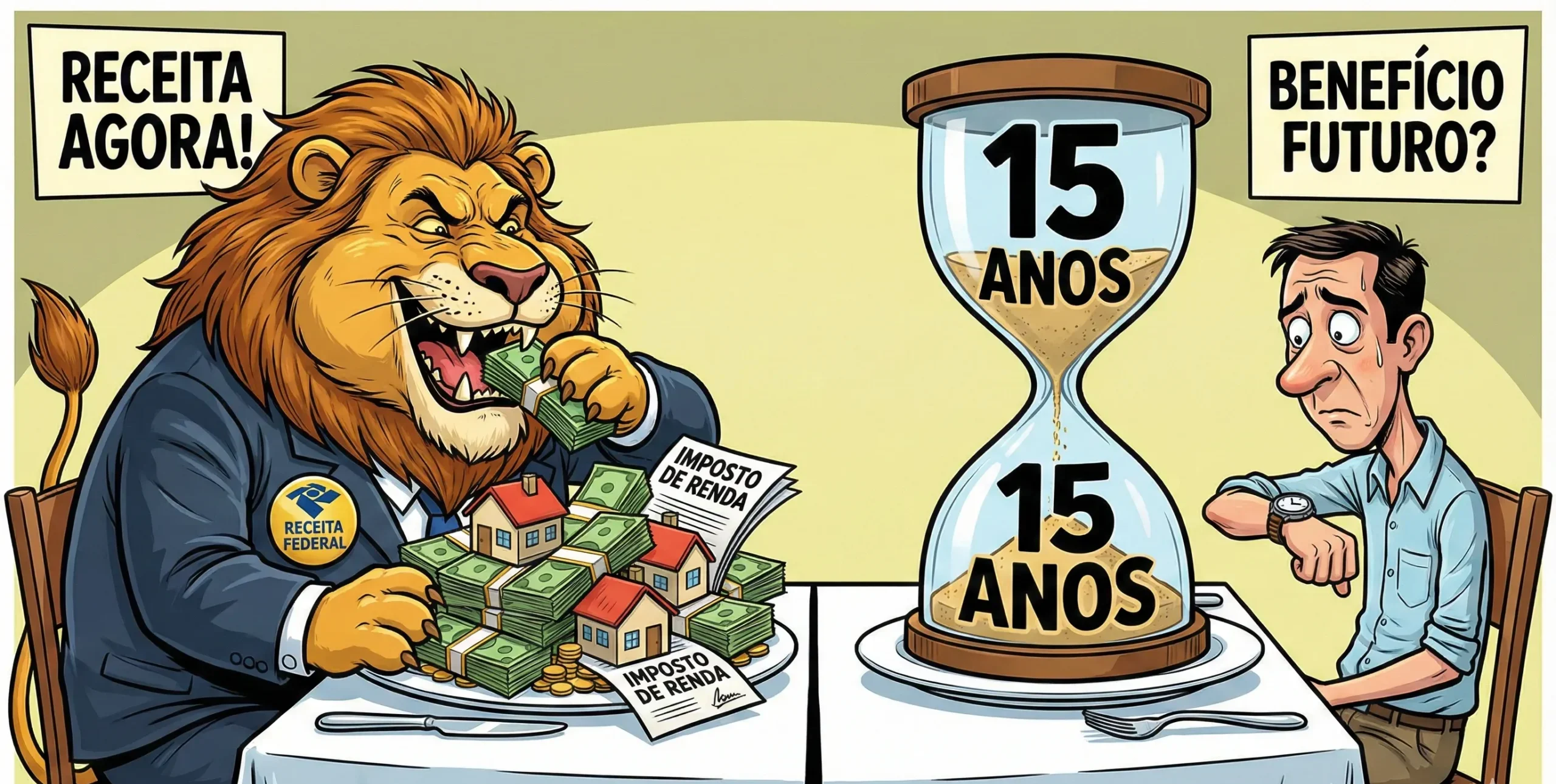 Um leão na mesa com um prato de dinheiro e o contribuinte com um prato com uma ampulheta escrita 15 anos.